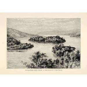  1882 Wood Engraving Art Loch Katrine Lake Ellens Island 