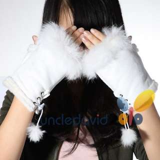 White Rabbit Lmitation Leather Fur Lapin Hand Wrist Warmer Fingerless 