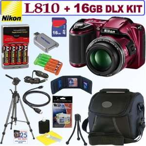  Nikon COOLPIX L810 16.1 MP Digital Camera (Red) + 4 AA 