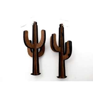  Brown 3D Cactus Wooden Earrings GTJ Jewelry