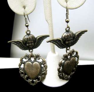 Dangly Angel Cupid Heart Earrings 2 3/4 Pierced Hooks Stamped 