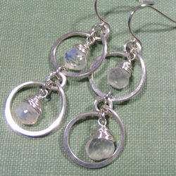 Rainbow Moonstone Dangle Sterling Silver Wire Earrings  
