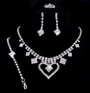 1240 Heart Rhombus Rhinestone Crystal Clear Bridal Prom Necklace 1set 