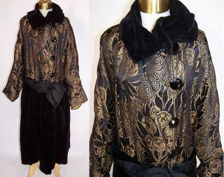   Vintage 1920s Black Velvet Gold Metallic Lamé Opera Coat Dress  