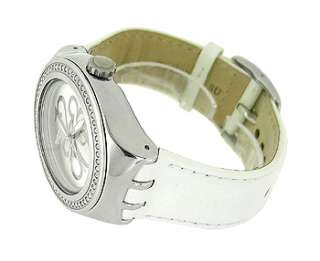 Swatch YNS107 Silver Round Dial White Leather Womens Watch  