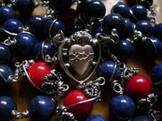 Sterling 925 Silver 6cm Cross Lapis lazuli Coral Rosary  