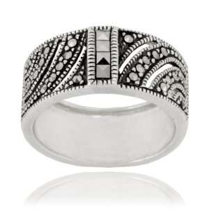  Sterling Silver Marcasite Square Cut Wide Band Ring, Size 
