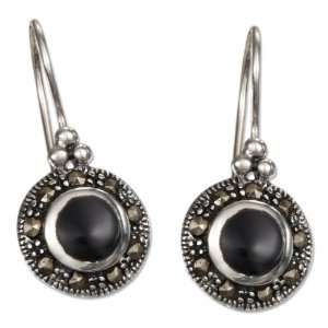  Simulated Black Onyx and Marcasite Kidney Wire Earrings Jewelry