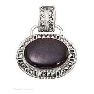 Sterling Silver Marcasite Oval Black Onyx Pendant Jewelry