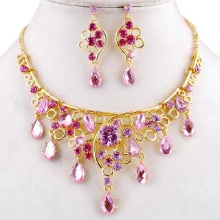 Pink Flower Rhinestone&Gold Plated Necklace&Earring set  