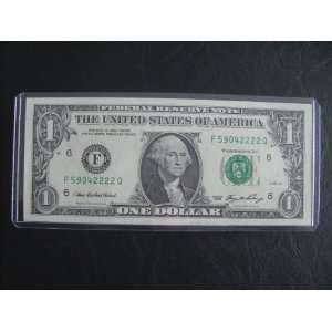  Lucky Money 2222 End Fancy Serial Number Uncirculated $1 