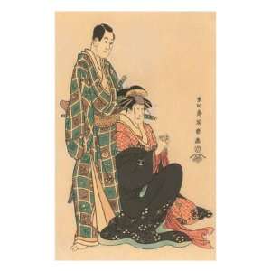  Japanese Woodblock, Man with Geisha Premium Giclee Poster Print 