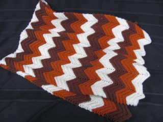  Crochet Afghan Brown Tan White 62x52 Granny Ripple Striped Zig Zag