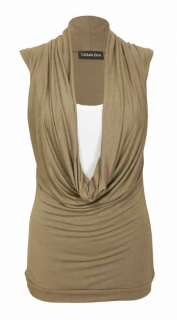 WOMENS COWL SCOOP NECK STRETCH INSERT LADIES CONTRAST LAYER SLEEVELESS 