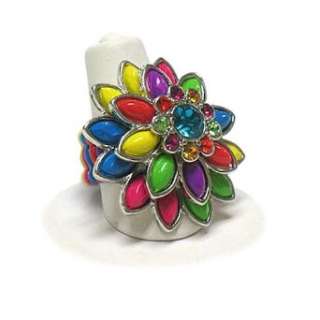  Multi Color Large Flower Crystal Stretch Ring Jewelry 