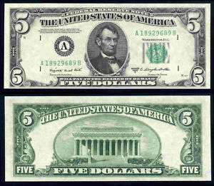 USA. Five Dollars. Boston. A18929689B. 1950C. Uncirculated.  