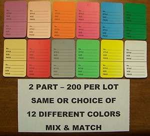 200 PRICE TAGS LARGE 2 PART UNSTRUNG CHOICE OF12 COLORS MIX & MATCH 1 