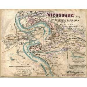  Civil War Map Vicksburg Missp.  and the Rebel batteries 