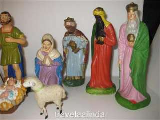 Vintage German nativity set paper mache 12 pcs total matchstick lambs 