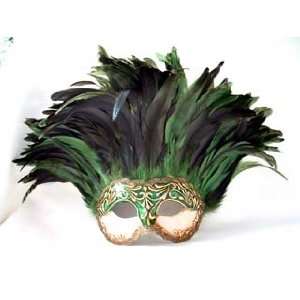   Stucco/Green Tiger Feathers Carnival Mask 