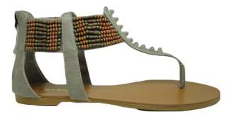 Bamboo Womens Roman Gladiator Ankle T Flats Zipper Thongs Wooden Beads 