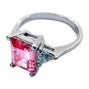   Silver Princess Cut Pink CZ w/ Trillian Cut Simulated Diamond CZ Ring