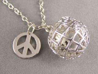 Silver tone peace sign world globe planet earth travel crystal 