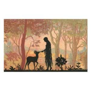  Girl in Woods Feeding Deer Premium Poster Print, 18x12 