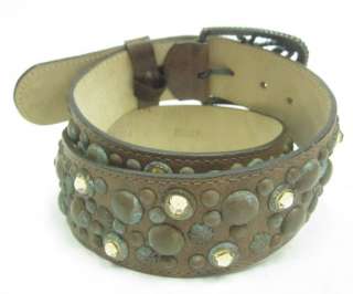 DESIGNER Brown Leather Studded Jeweled Belt Sz S  