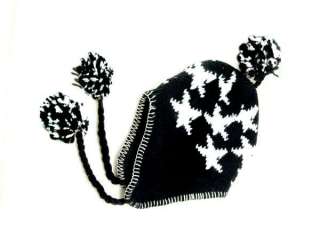 Fleece Beanie with Ear Flaps Ski Winter Hat STAR BLACK  