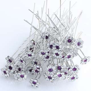 50x Purple Flower Silver Tone Crystal Hair Pins Clips  