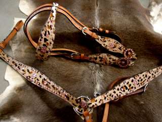 BRIDLE WESTERN LEATHER HEADSTALL BREAST COLLAR LEOPARD HAIR ON PINK 