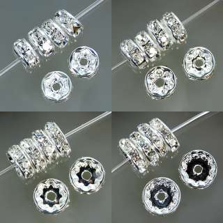 100pcs Crystal Rhinestone Rondelle Spacer Beads Silver 5mm 6mm 8mm 