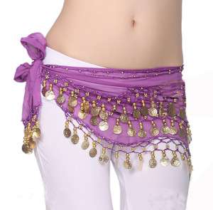   Chiffon 3 Rows 128 Coins Belly Dance Hip Skirt Scarf Wrap Belt Costume