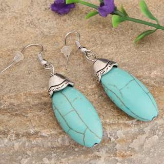 Oval howlite turquoise gemstone silver plated earrings  