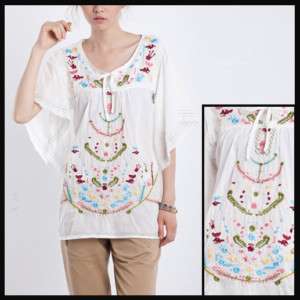 Vtg 70s Women Embroidered MEXICAN tunic BOHO ethnic TOP  