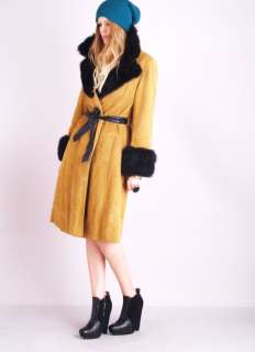 Vtg 70s Black FOX FUR Leather Suede HUGE COLLAR Princess Mink Dress 