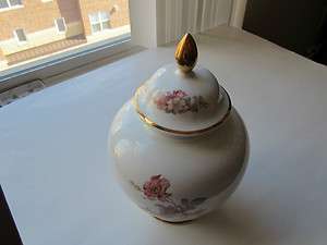   GINGER JAR WITH LID, WHITE, WILD ROSES, BAVARIA, WEST GERMANY  