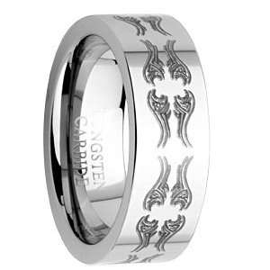 8MM Men Tungsten Ring Wedding Band with Laser Etched Tribal Tattoo 