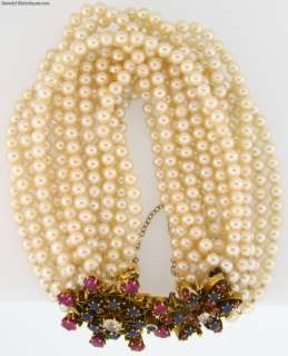 Diamonds Sapphires Rubies 14 Strand Pearl Gold Bracelet  