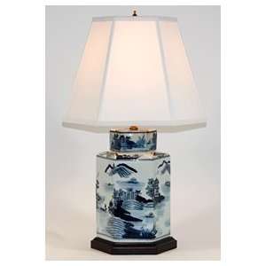  Asian Themed Blue & White Hexagonal Porcelain Table Lamp 