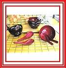 Butterfly Lacquer MIso Soup Bowls + 4 Spoons RED/BLK NEW FREE 