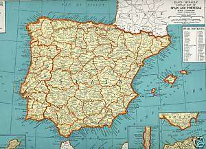 1936 Vintage Map of SPAIN PORTUGAL Superb COLOR 9x12  