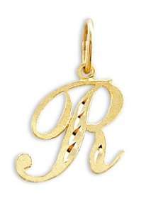  Cursive R Letter 14k Yellow Gold Initial Pendant Solid 