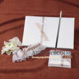 Pure Elegant Light gold Bow Set Wedding Guest Book&Pen,Basket,Ring 