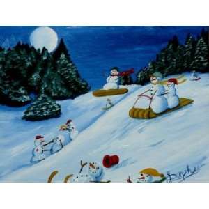  Snowmans Winter Sports, Original Painting, Home Decor 