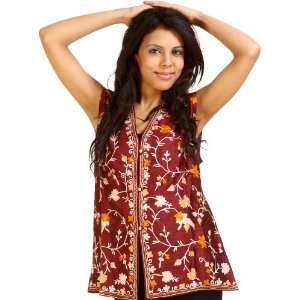 Burgundy Waistcoat from Kashmir with Air Embroidery All Over   Pure 
