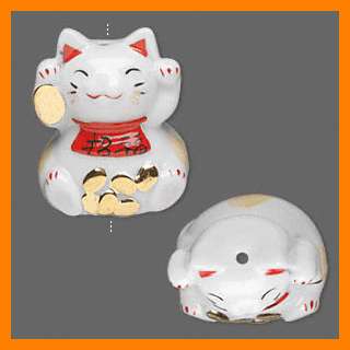 Porcelain Lucky Maneki Neko 51x41mm Beckoning Cat Bead  