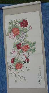 Oriental Wall Scroll Watercolor – Birds and Flowers  
