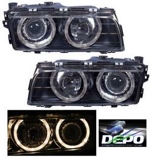 95 98 BMW E38 7 Series Black Projector Headlights with Dual Angel Eyes 